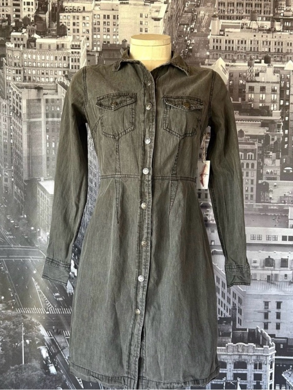 Snap-Front Charcoal Denim Shirt Dress